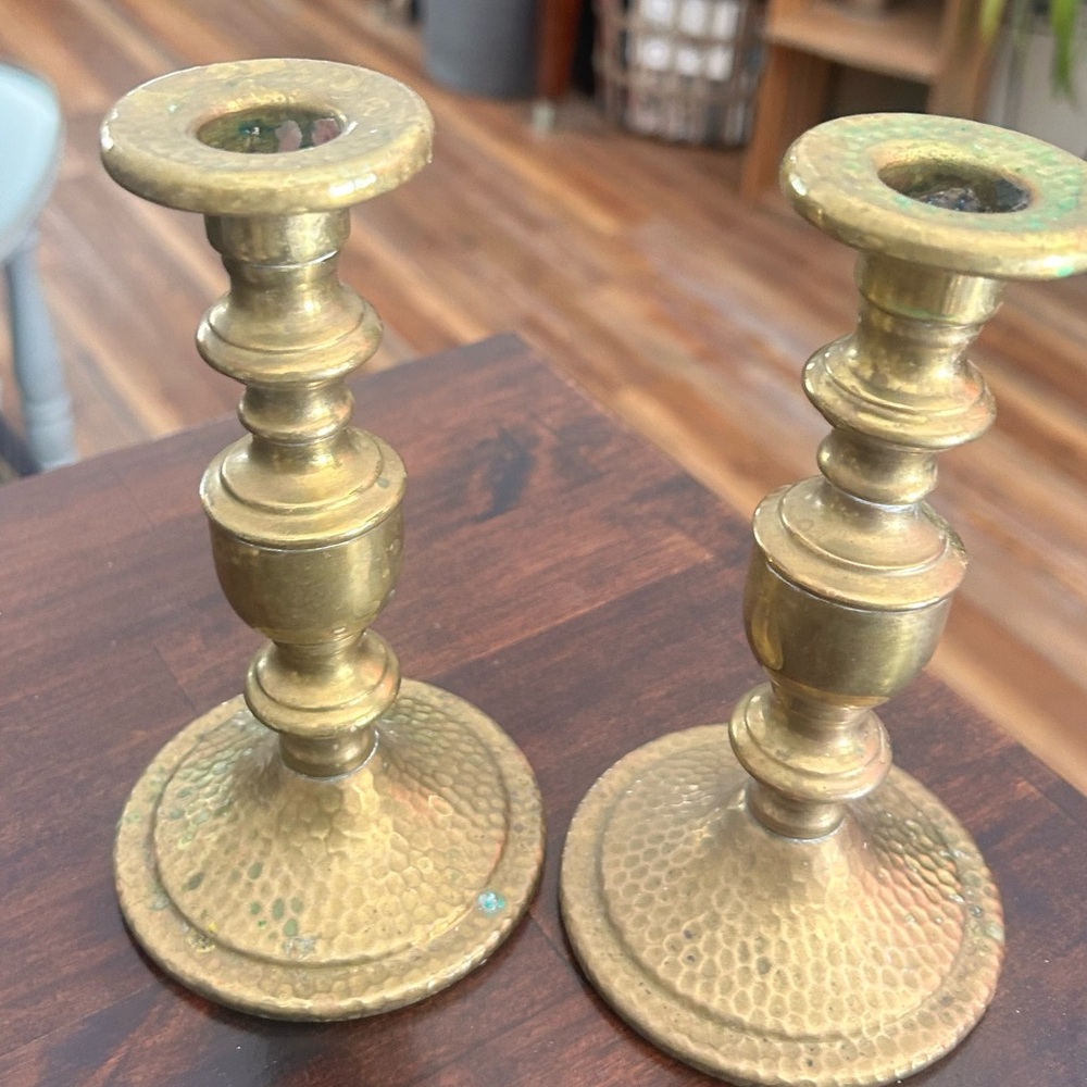 Brass Hammered Candlestick Pair - Gold Finish